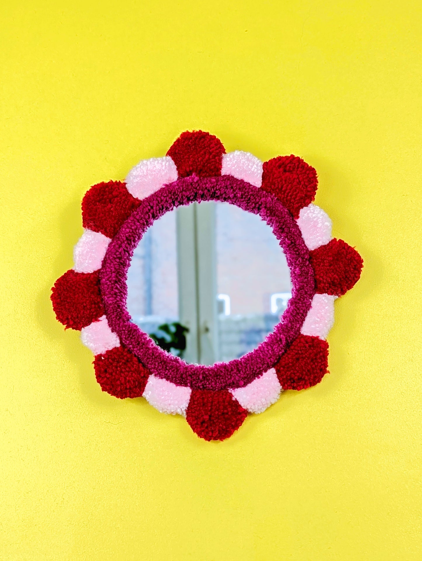 Handmade Red Pink Tufted Petal Mirror – Flower-Shaped Wall Mirror, Colourful Textured Home Decor