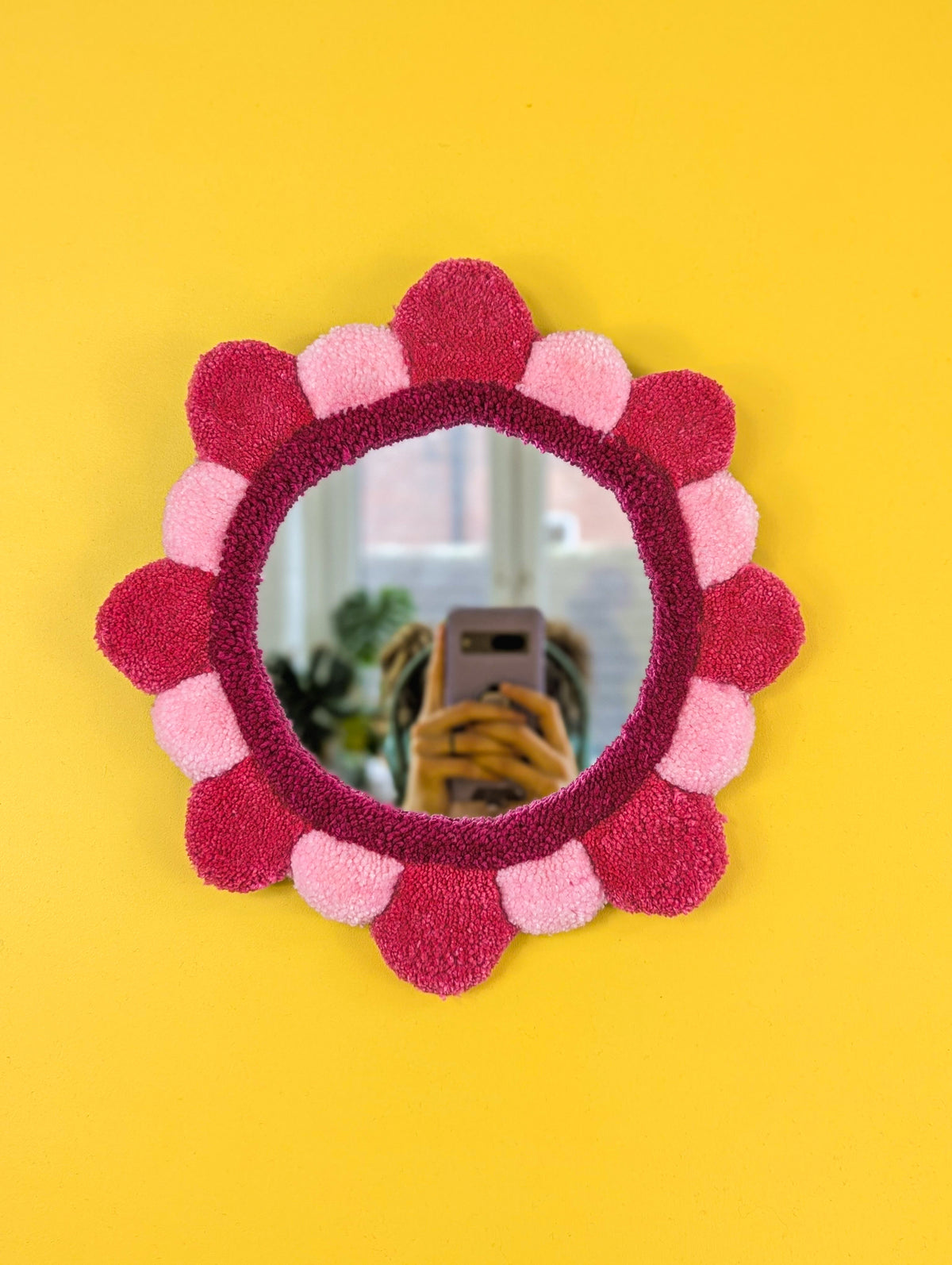 Handmade Pink Tufted Petal Mirror – Flower-Shaped Wall Mirror, Colourful Textured Home Decor