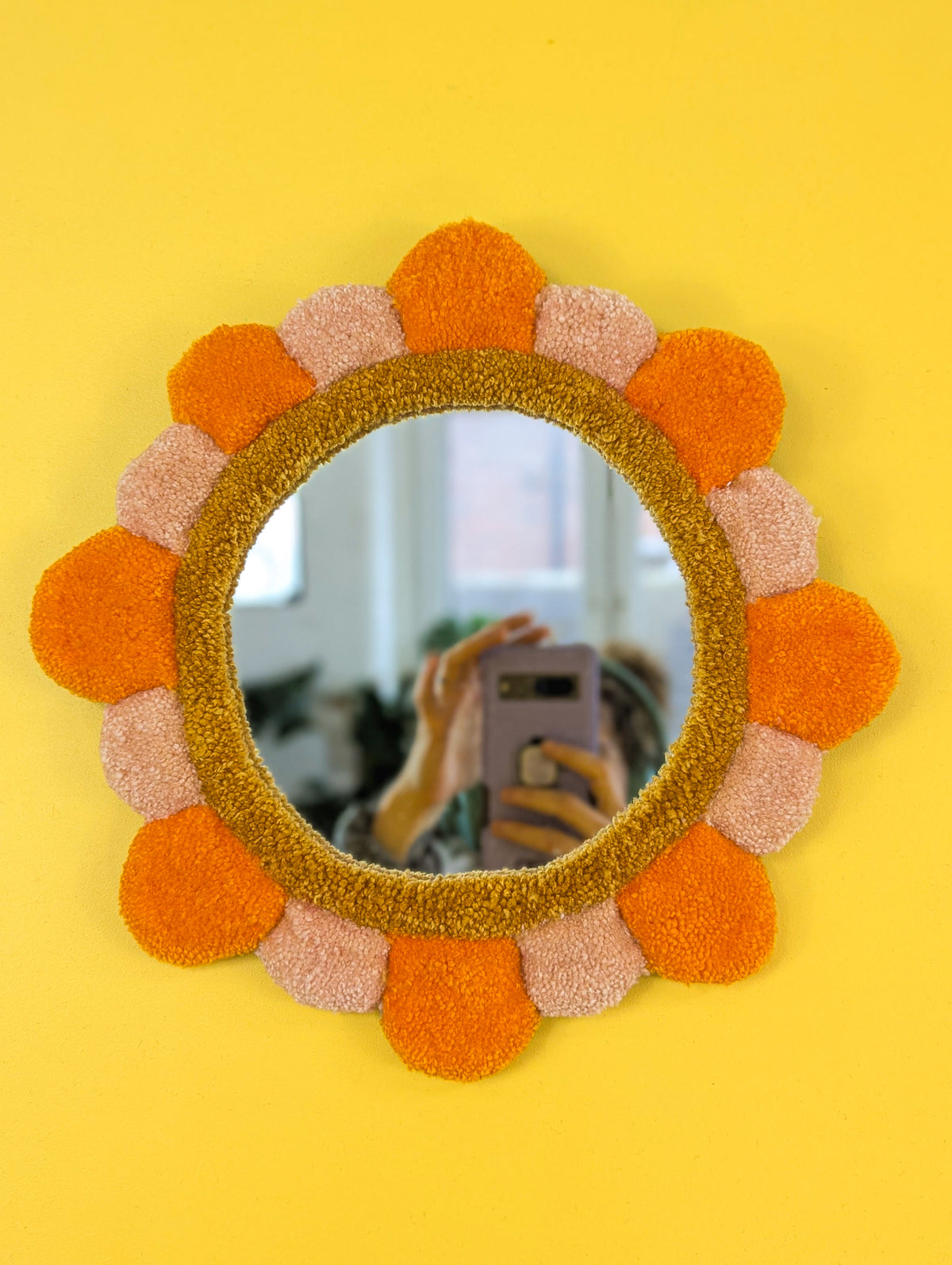 Handmade Orange Tufted Petal Mirror – Flower-Shaped Wall Mirror, Colourful Textured Home Decor