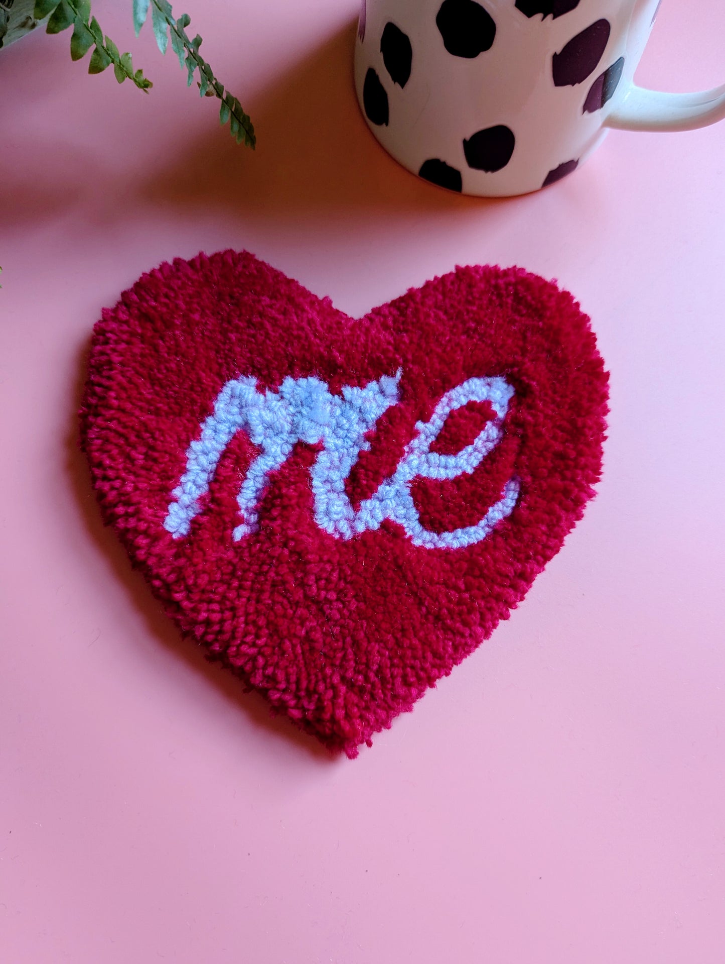 Red love heart shaped coaster with purple ME slogan mini rug mug rug