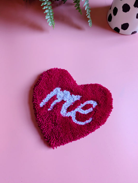 Red love heart shaped coaster with purple ME slogan mini rug mug rug