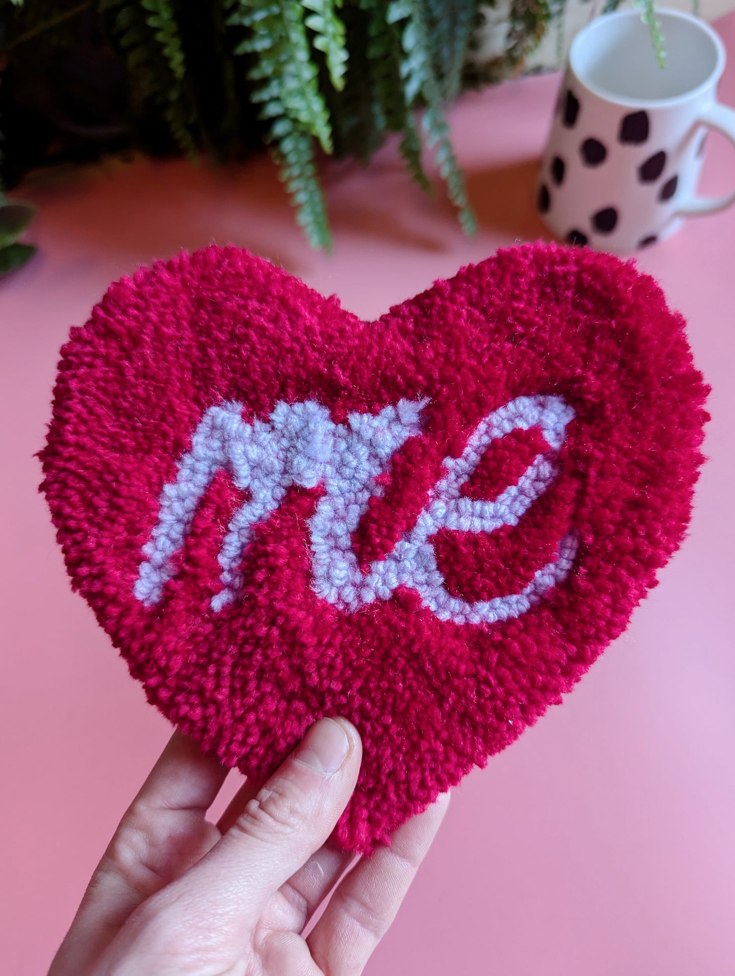 Red love heart shaped coaster with purple ME slogan mini rug mug rug