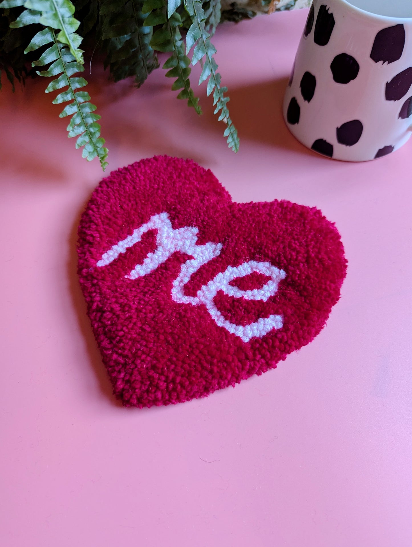 Red love heart shaped coaster with pink ME slogan mini rug mug rug