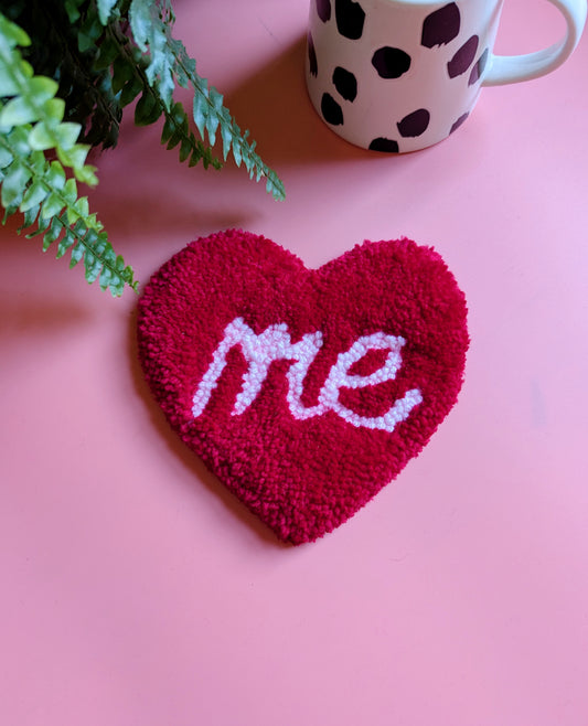 Red love heart shaped coaster with pink ME slogan mini rug mug rug