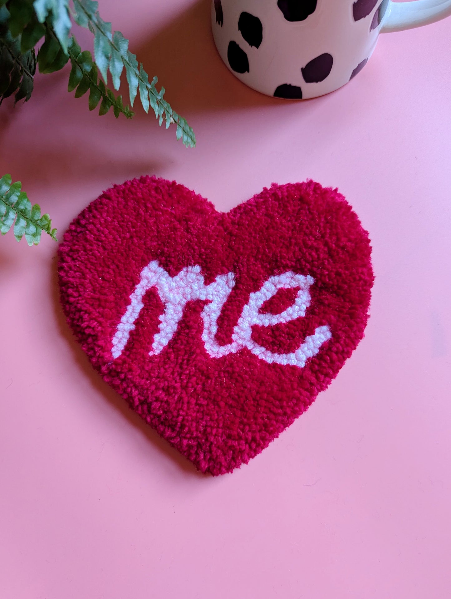 Red love heart shaped coaster with pink ME slogan mini rug mug rug