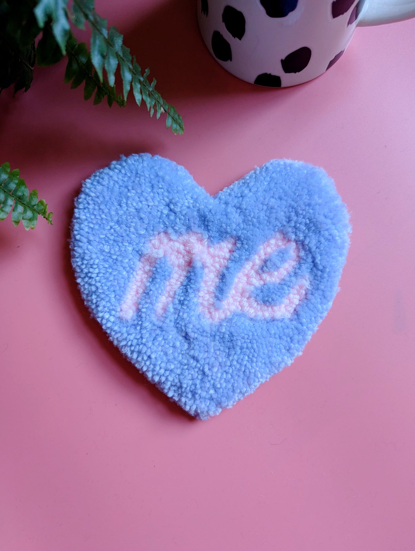 Purple love heart shaped coaster with pink ME slogan mini rug mug rug