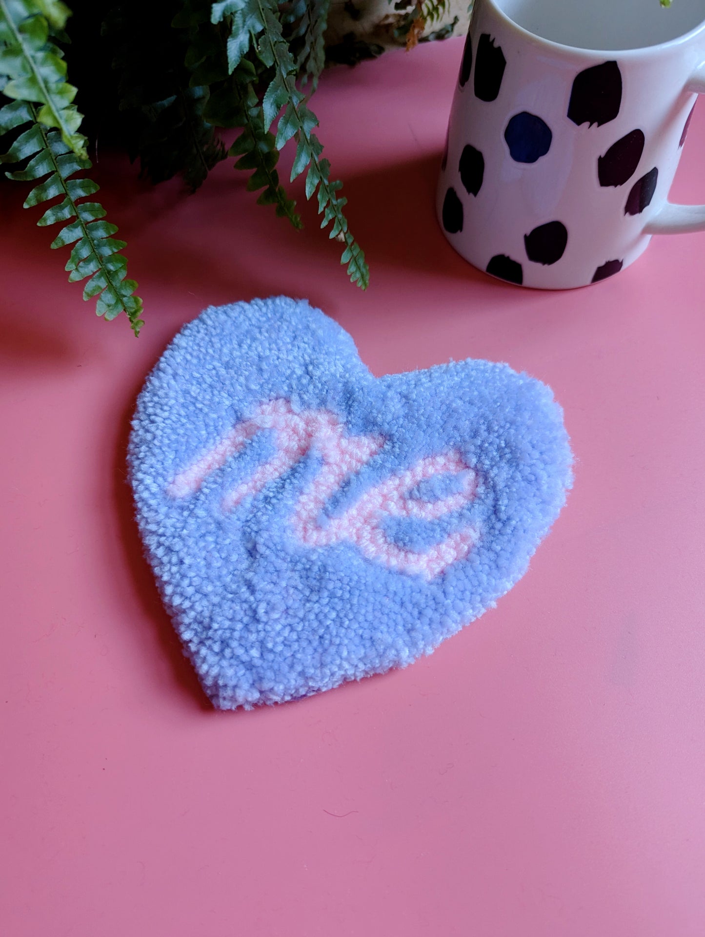 Purple love heart shaped coaster with pink ME slogan mini rug mug rug