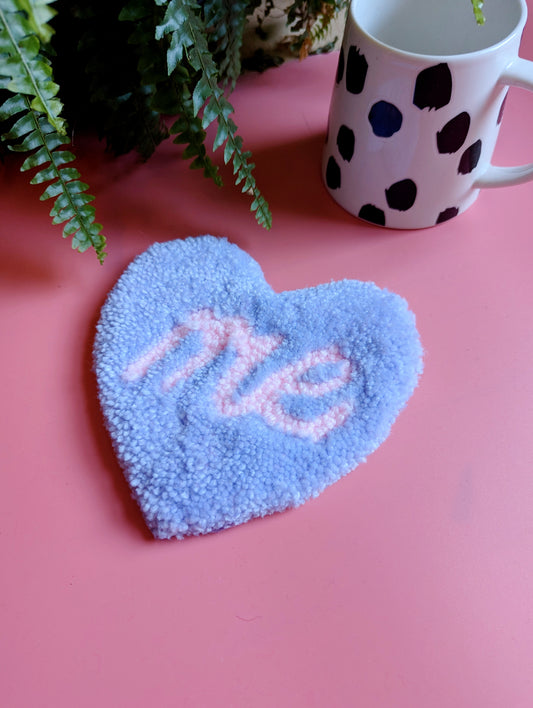 Purple love heart shaped coaster with pink ME slogan mini rug mug rug