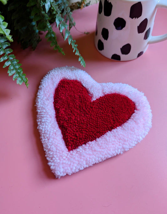 Pink and red love heart shaped yarn coaster mini rug mug rug