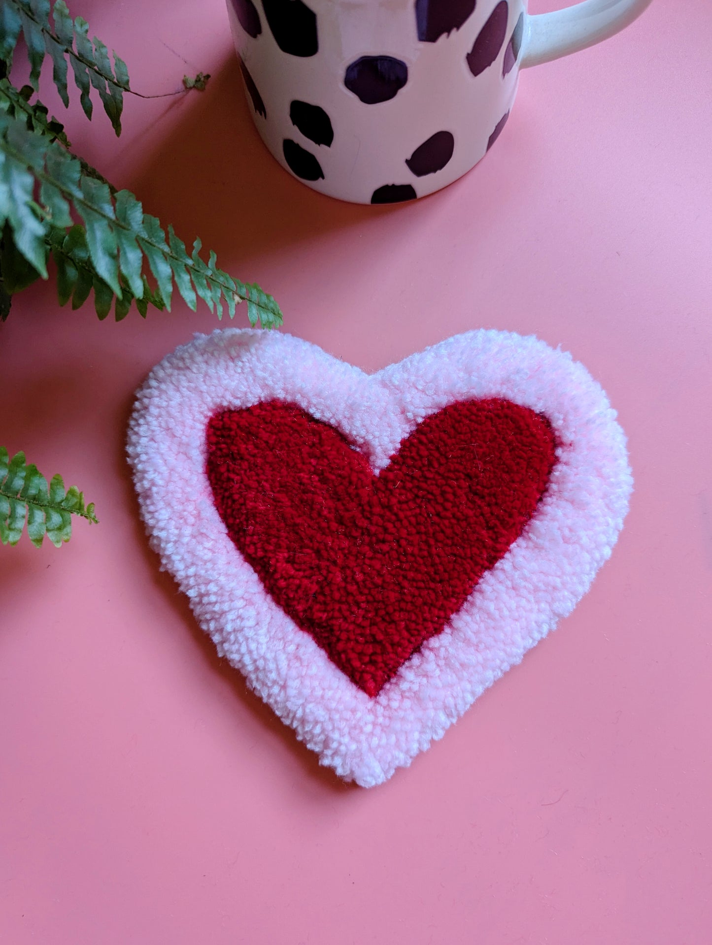 Pink and red love heart shaped yarn coaster mini rug mug rug