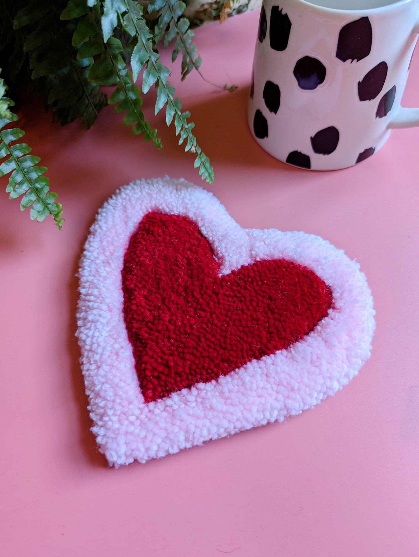 Pink and red love heart shaped yarn coaster mini rug mug rug