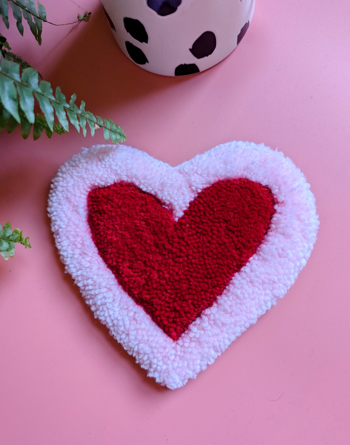 Pink and red love heart shaped yarn coaster mini rug mug rug