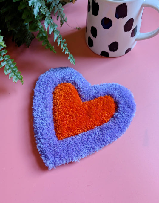 Purple and orange love heart shaped yarn coaster mini rug mug rug