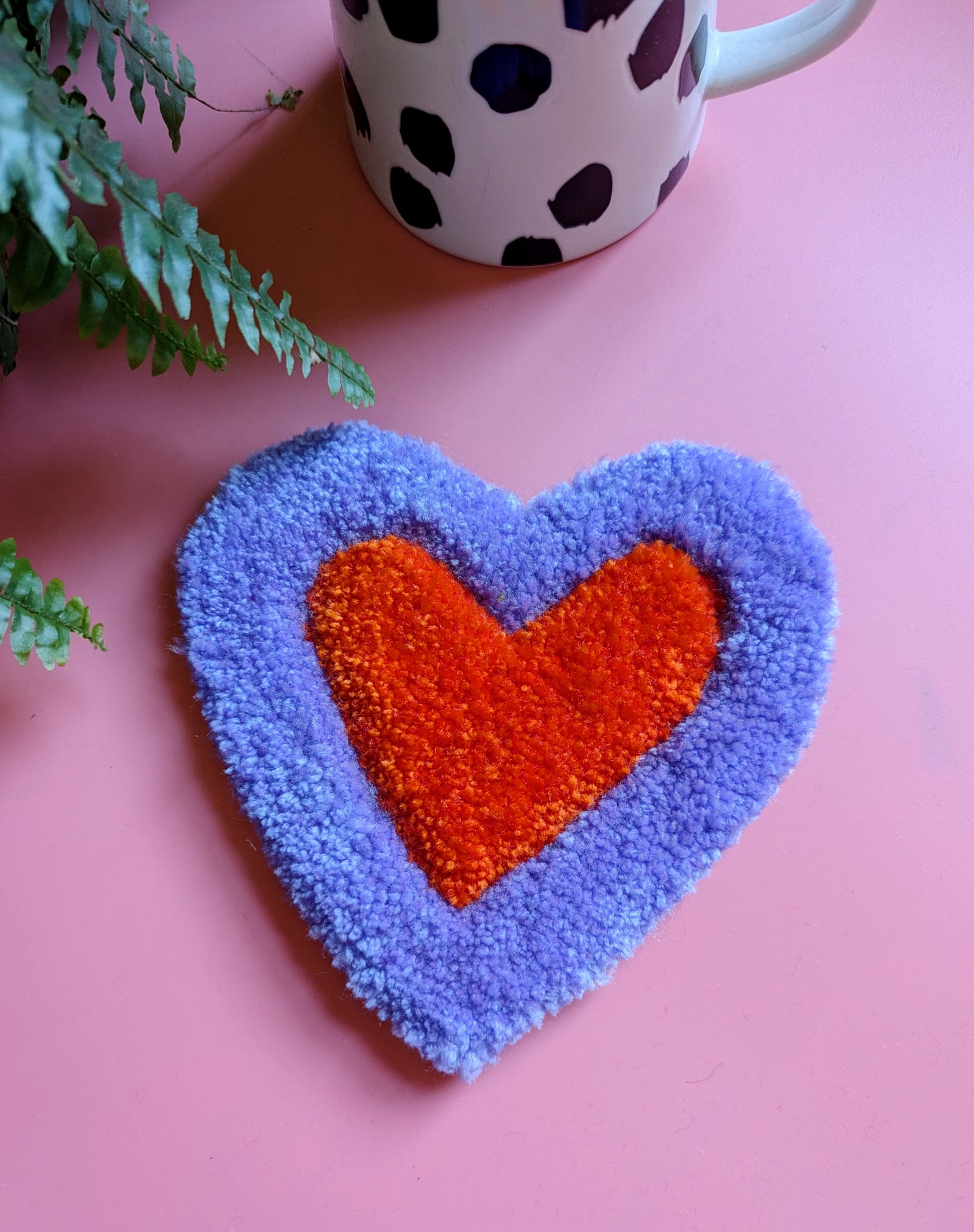 Purple and orange love heart shaped yarn coaster mini rug mug rug