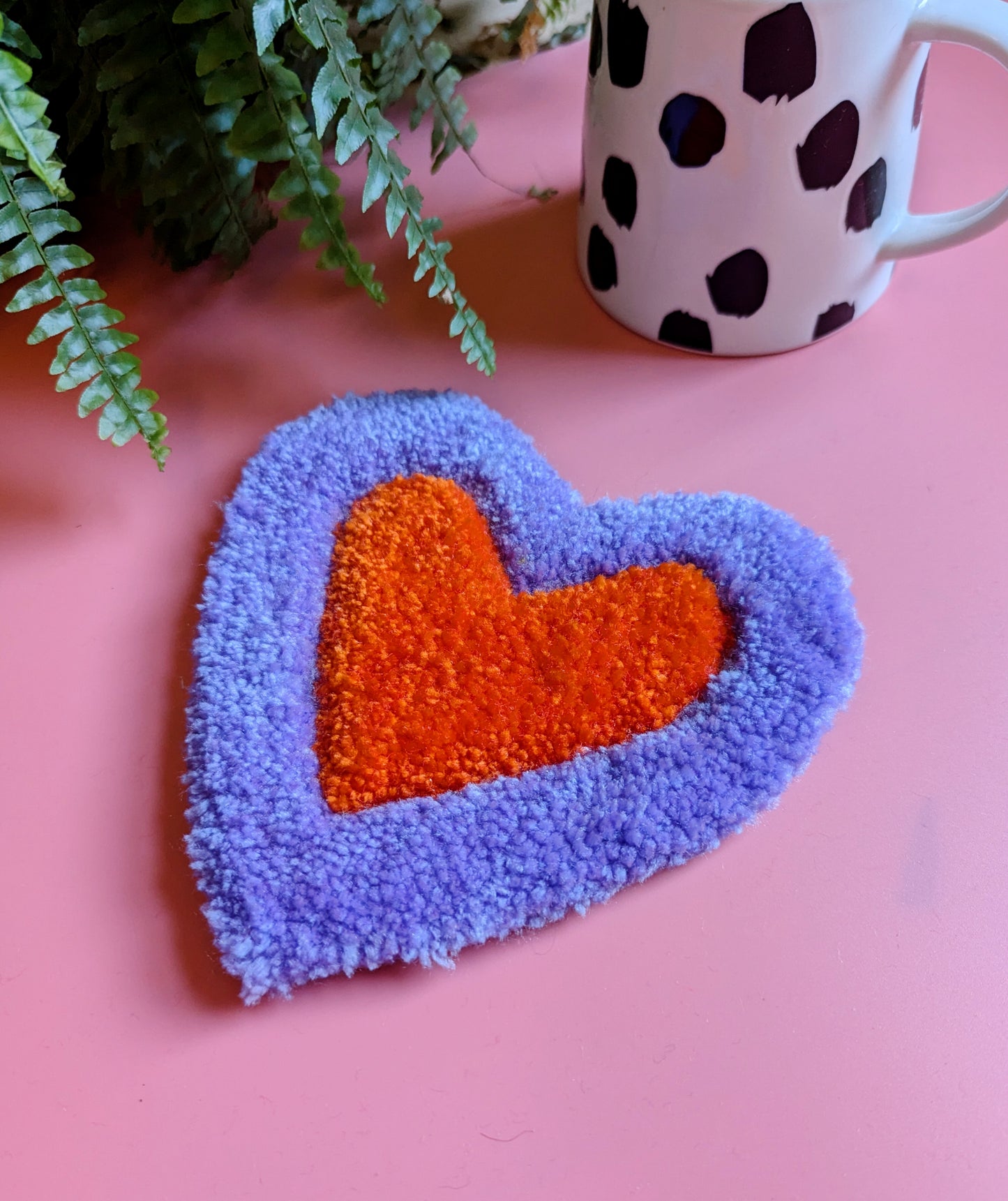 Purple and orange love heart shaped yarn coaster mini rug mug rug