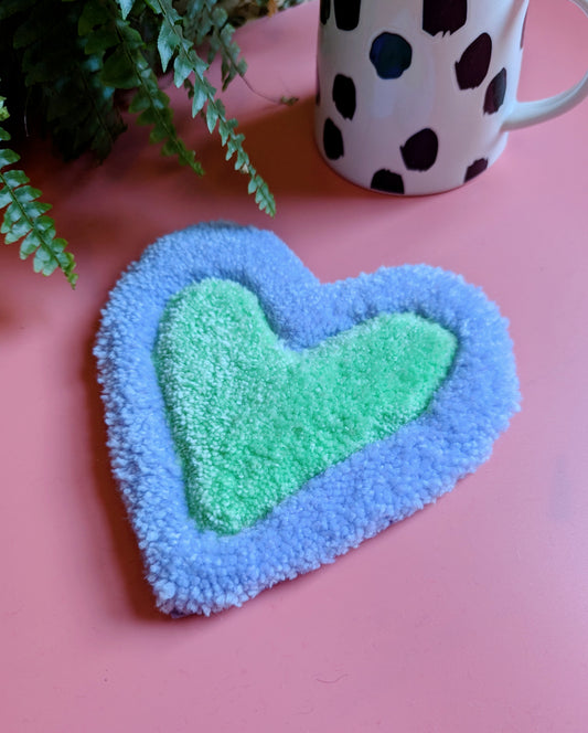 Purple and green love heart shape tufted coaster mini rug mug rug