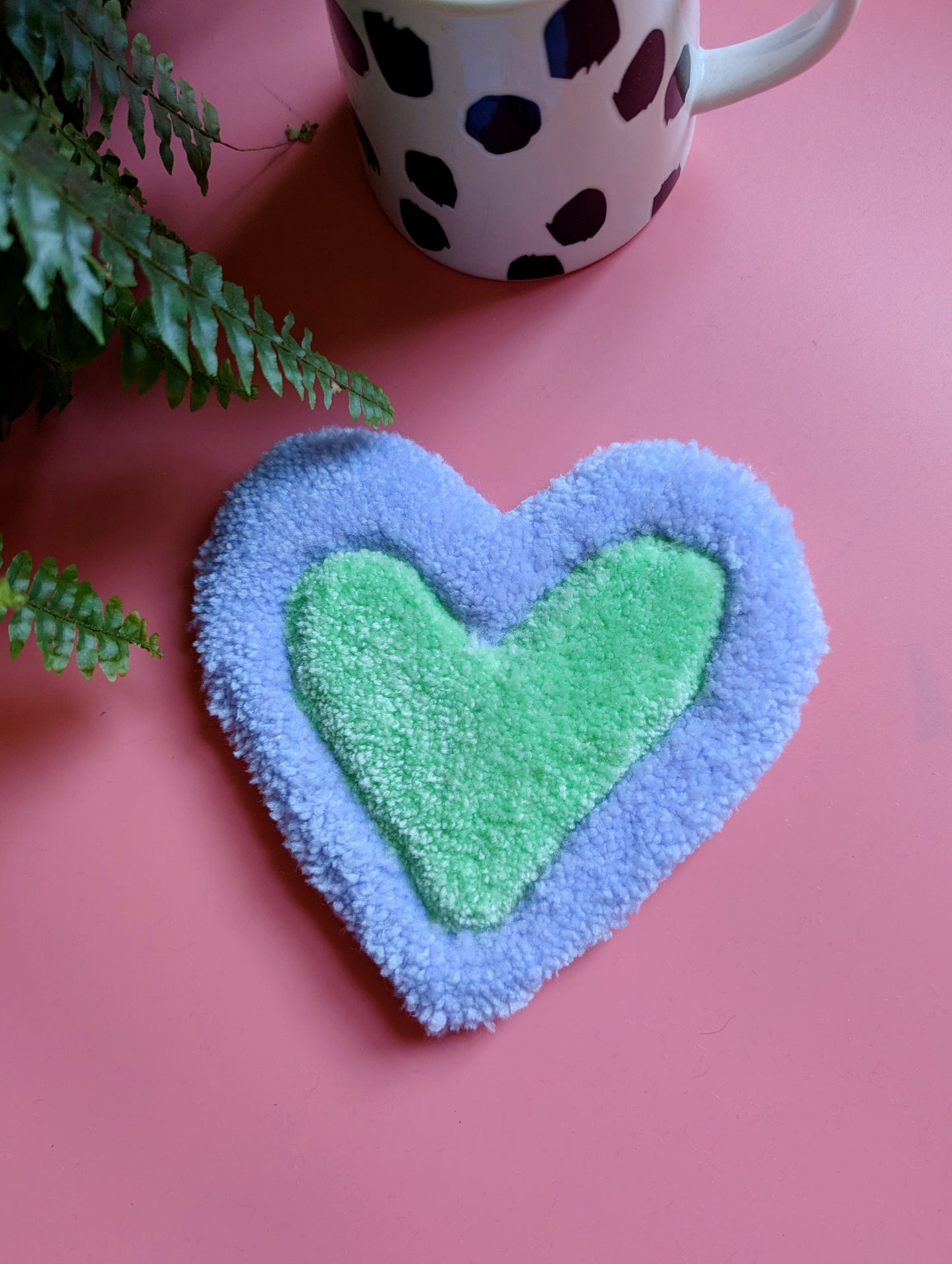Purple and green love heart shape tufted coaster mini rug mug rug