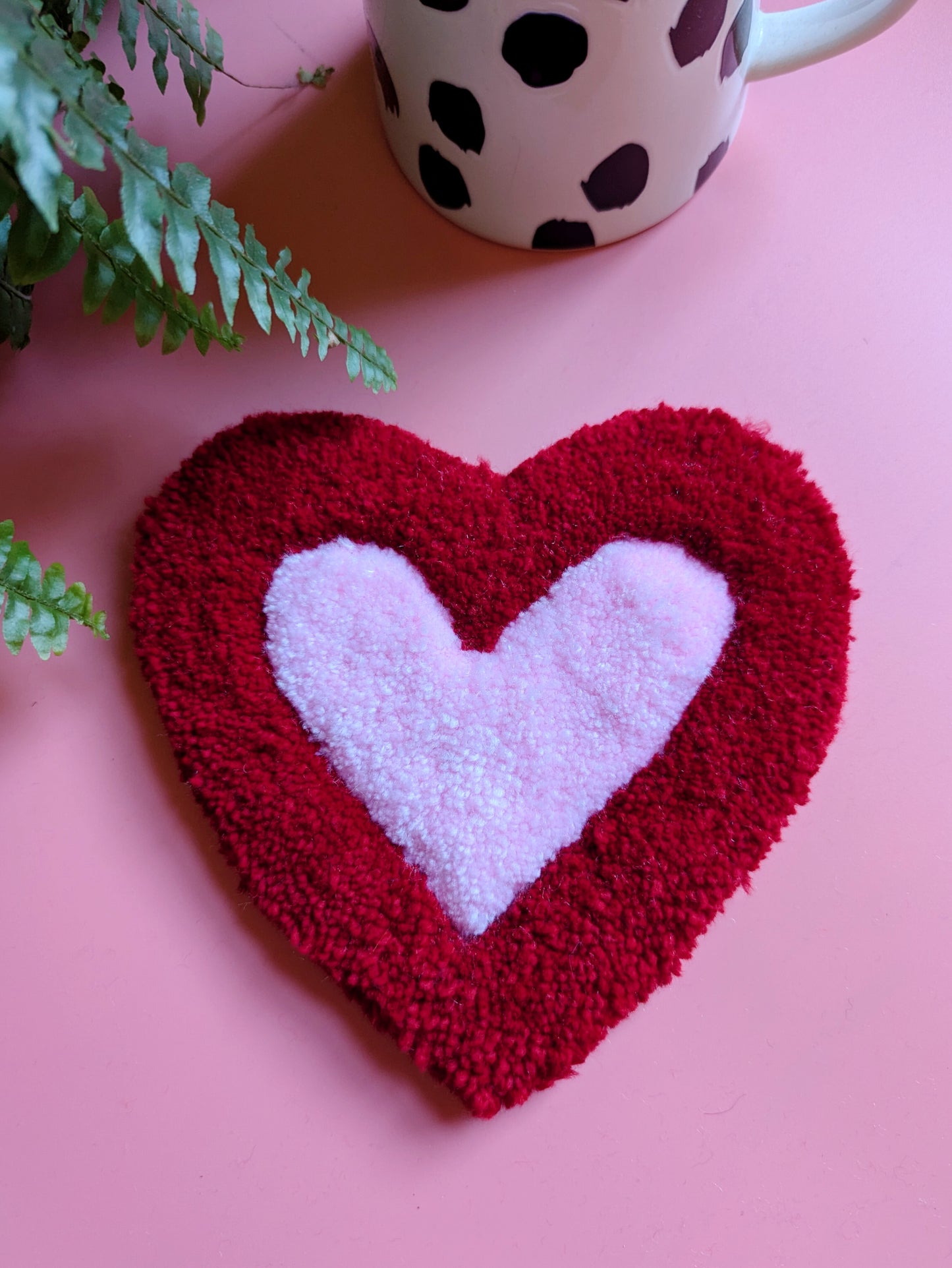 Red and pink love heart shaped yarn coaster mini rug mug rug