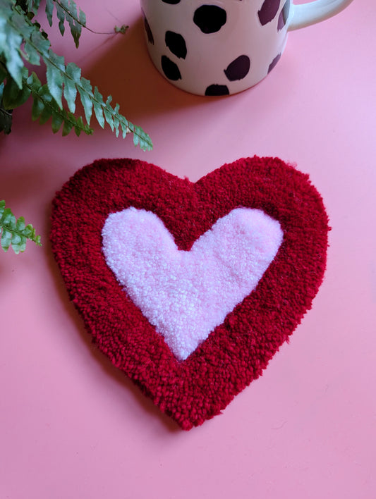 Red and pink love heart shaped yarn coaster mini rug mug rug