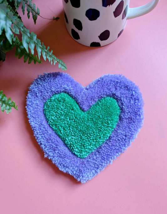 Purple and green love heart shape tufted coaster mini rug mug rug