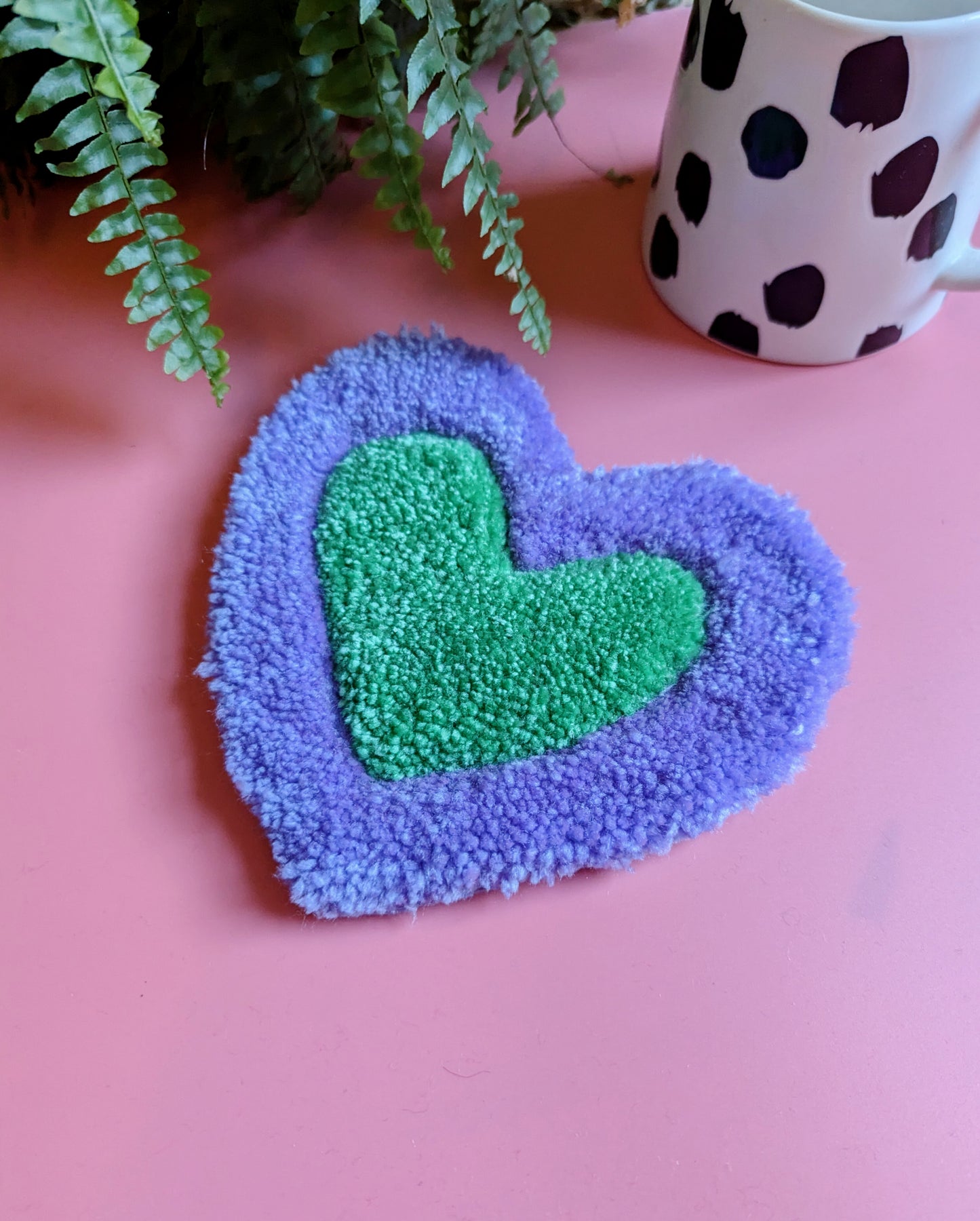 Purple and green love heart shape tufted coaster mini rug mug rug