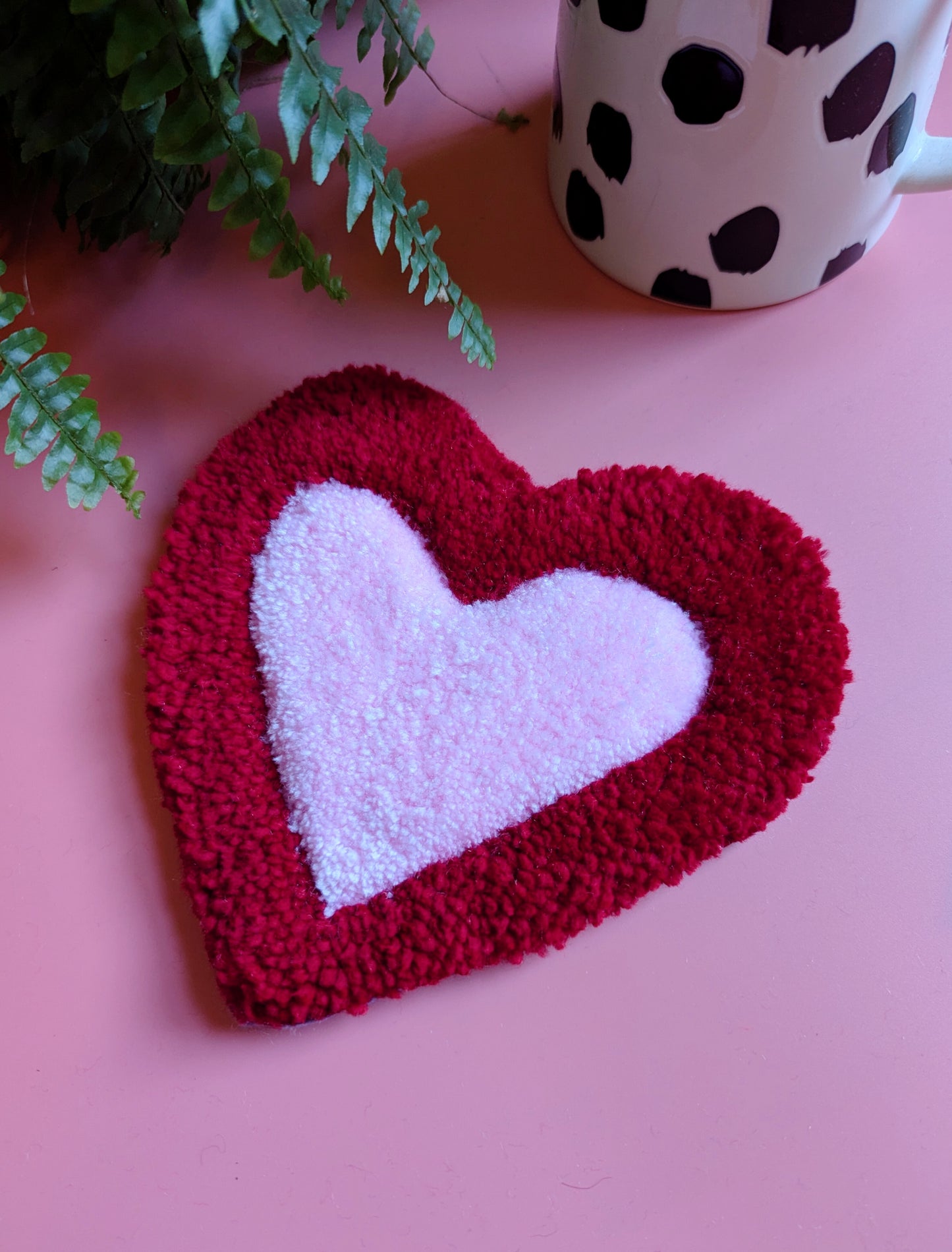 Red and pink love heart shaped yarn coaster mini rug mug rug