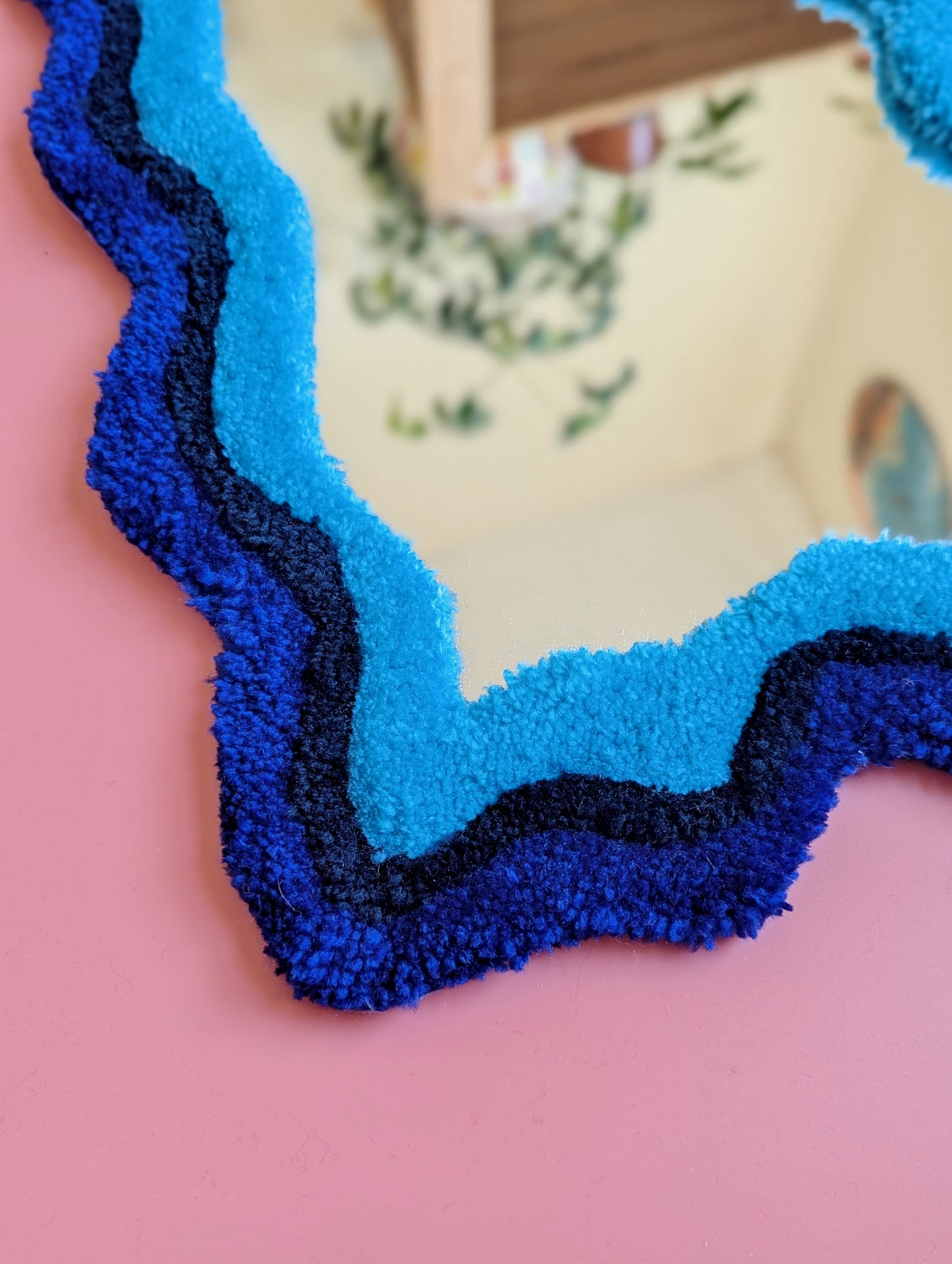 Blue coloured wavy pattern tufted yarn mirror