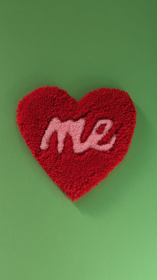 Bright red love heart shaped coaster with pink ME slogan mini rug mug rug