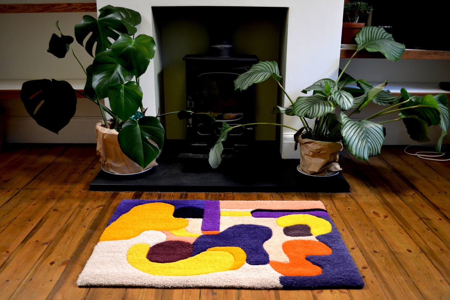 small cream purple abstract handcrafted tufted wool rug