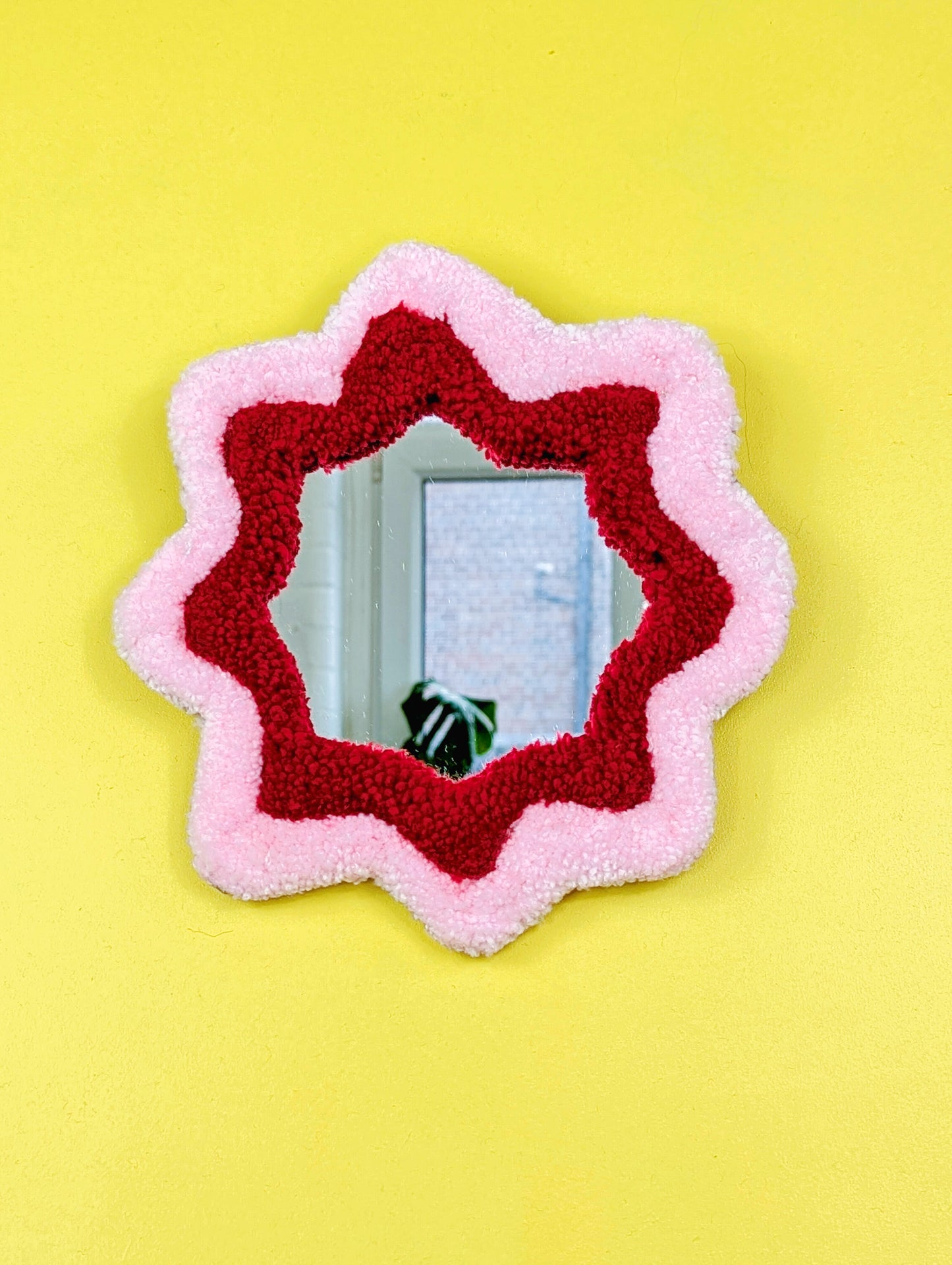 Handmade Wavy Pink Red Tufted Wall Mirror – Unique Wavy Organic Shape Accent Mirror for Bedrooms, Living Rooms & Creative Spaces