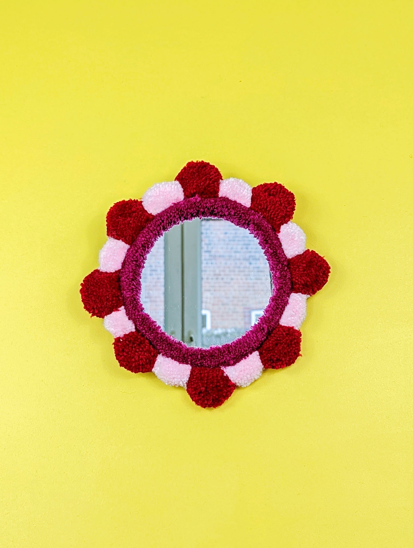 Handmade Red Pink Tufted Petal Mirror – Flower-Shaped Wall Mirror, Colourful Textured Home Decor