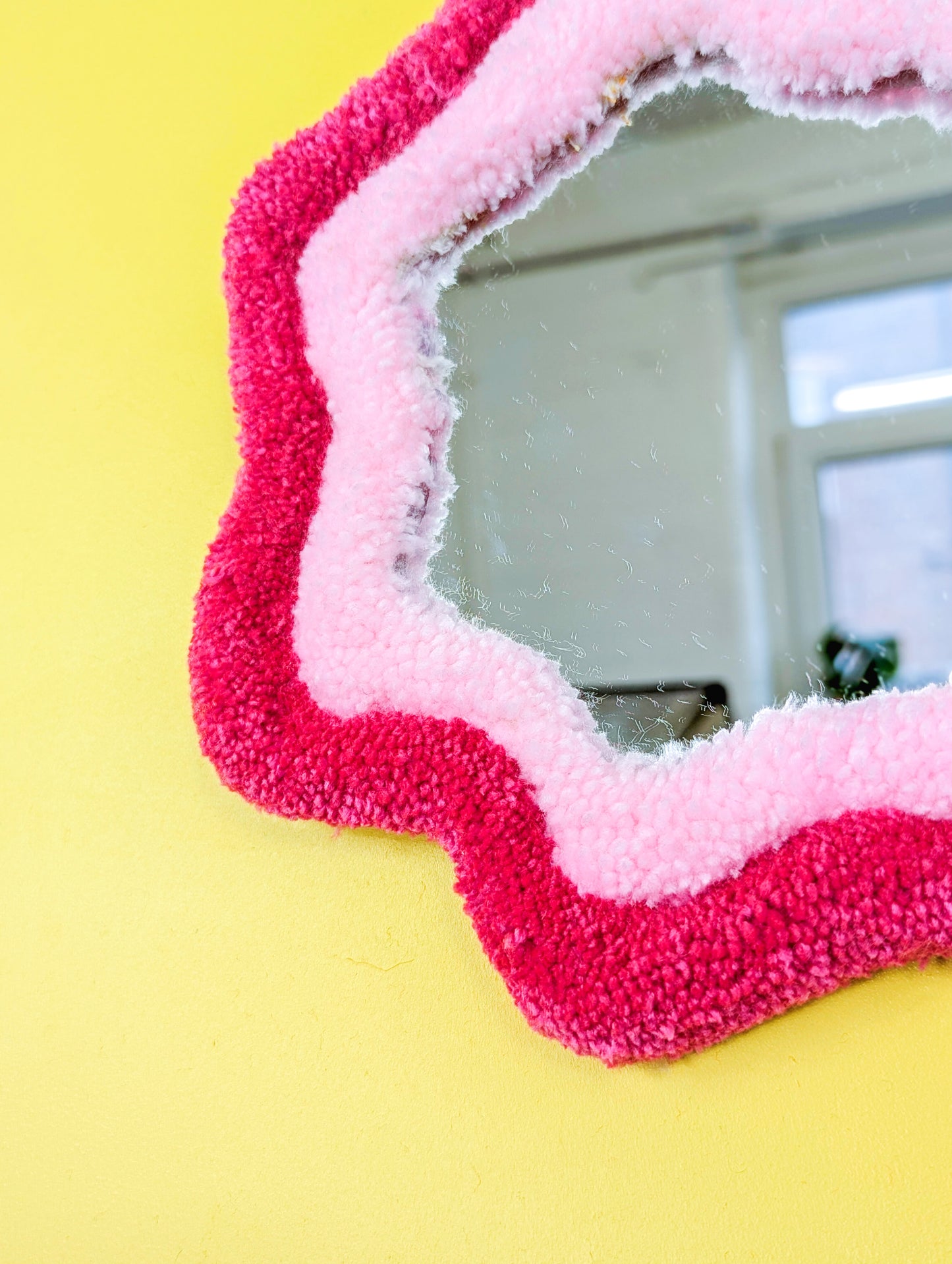 Handmade Wavy Pink Tufted Wall Mirror – Unique Wavy Organic Shape Accent Mirror for Bedrooms, Living Rooms & Creative Spaces