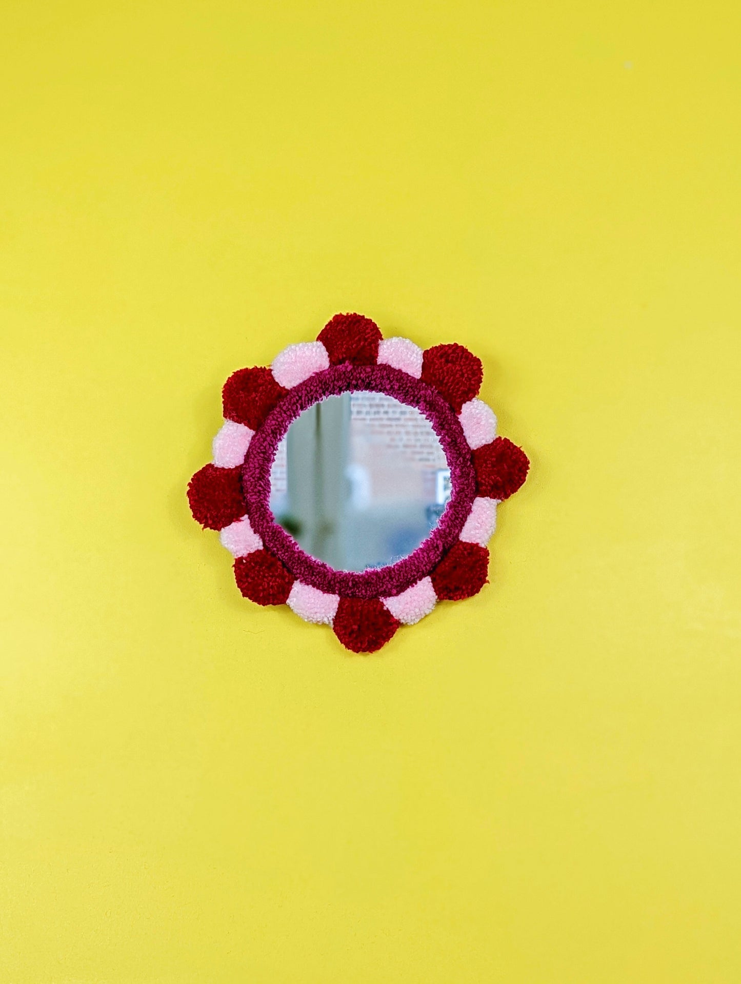 Handmade Red Pink Tufted Petal Mirror – Flower-Shaped Wall Mirror, Colourful Textured Home Decor