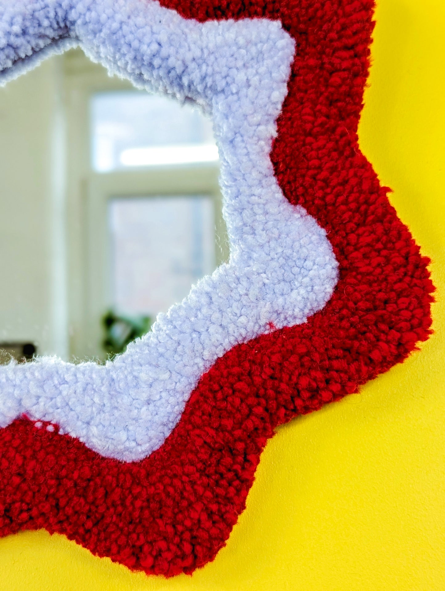 Handmade Wavy Red Purple Tufted Wall Mirror – Unique Wavy Organic Shape Accent Mirror for Bedrooms, Living Rooms & Creative Spaces