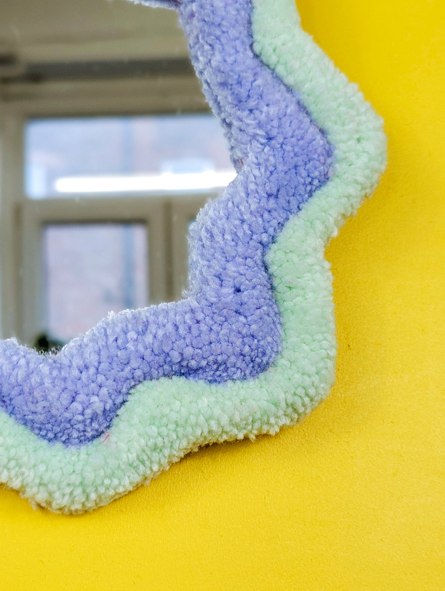 Handmade Wavy Green And Purple Tufted Wall Mirror – Unique Wavy Organic Shape Accent Mirror for Bedrooms, Living Rooms & Creative Spaces