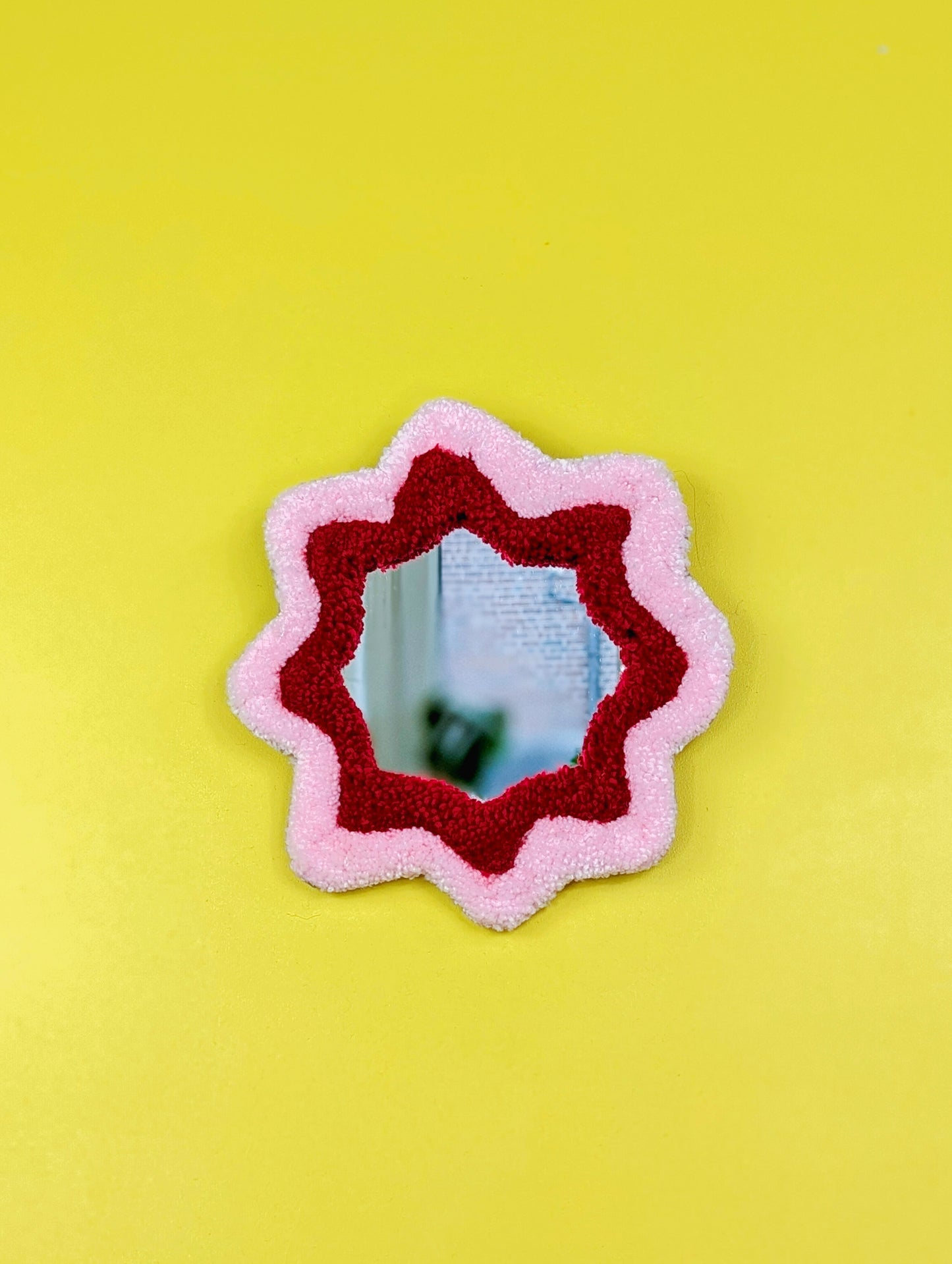 Handmade Wavy Pink Red Tufted Wall Mirror – Unique Wavy Organic Shape Accent Mirror for Bedrooms, Living Rooms & Creative Spaces