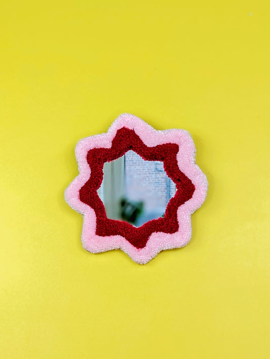 Handmade Wavy Pink Red Tufted Wall Mirror – Unique Wavy Organic Shape Accent Mirror for Bedrooms, Living Rooms & Creative Spaces