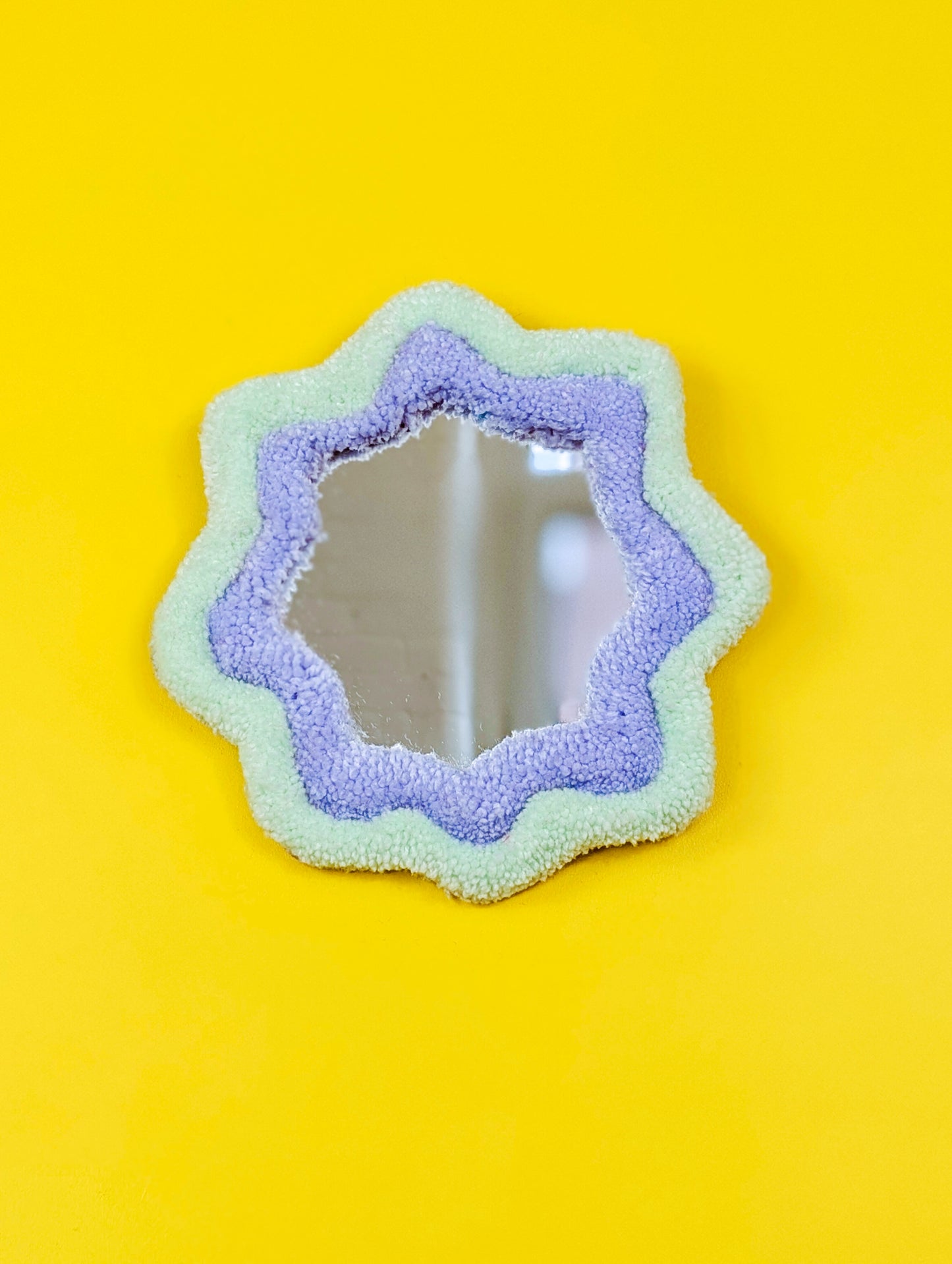 Handmade Wavy Green And Purple Tufted Wall Mirror – Unique Wavy Organic Shape Accent Mirror for Bedrooms, Living Rooms & Creative Spaces