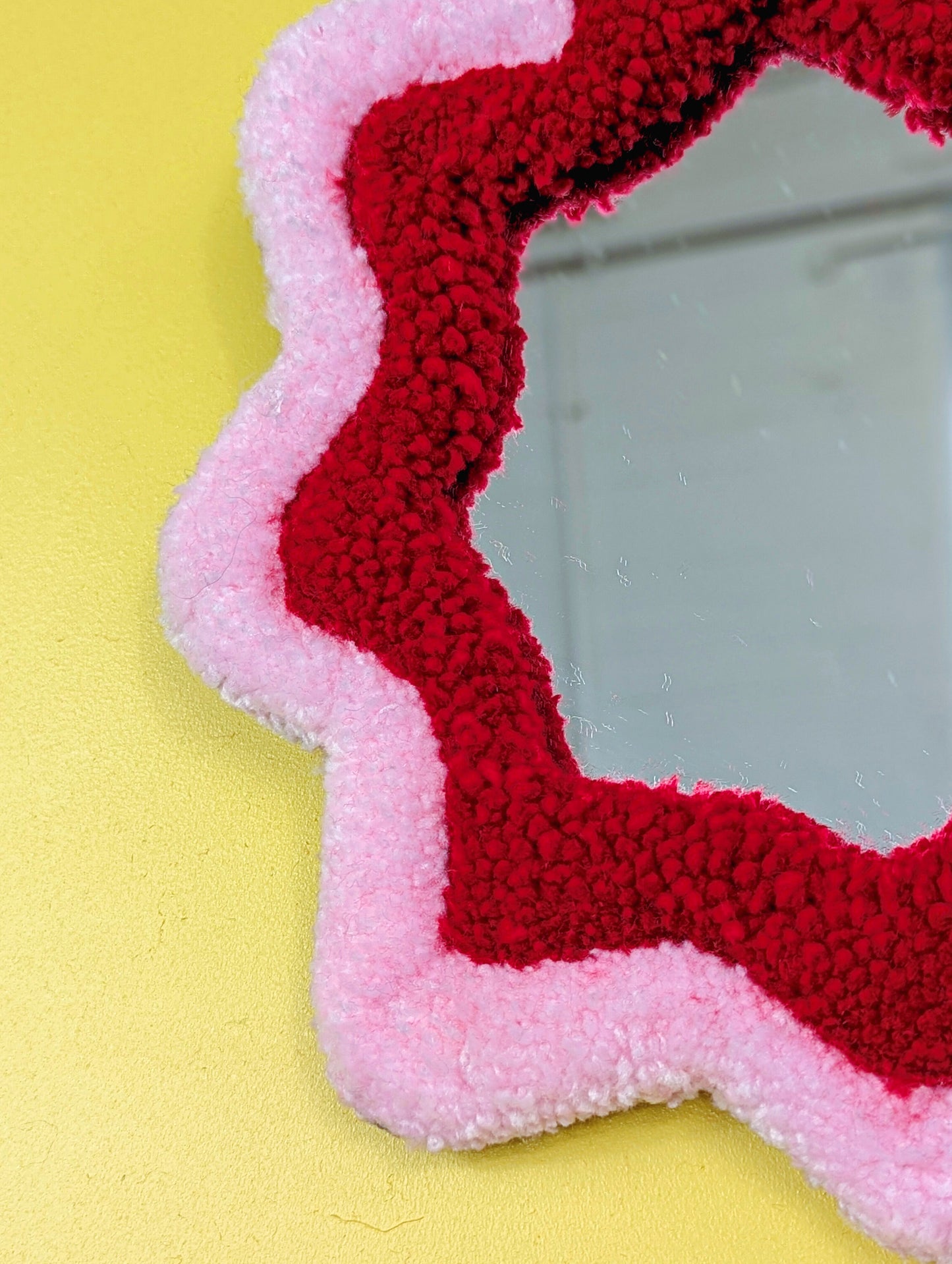 Handmade Wavy Pink Red Tufted Wall Mirror – Unique Wavy Organic Shape Accent Mirror for Bedrooms, Living Rooms & Creative Spaces