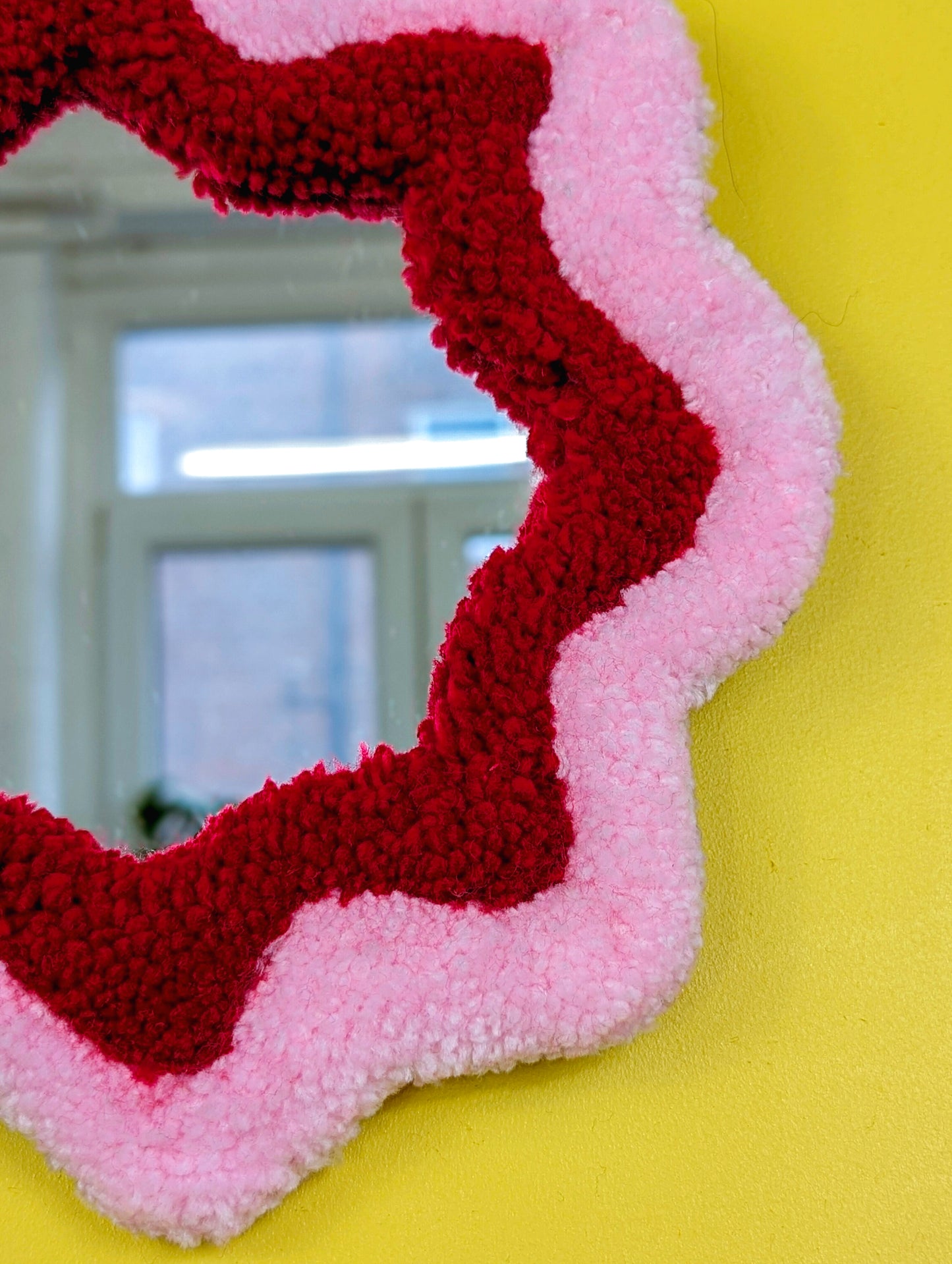 Handmade Wavy Pink Red Tufted Wall Mirror – Unique Wavy Organic Shape Accent Mirror for Bedrooms, Living Rooms & Creative Spaces