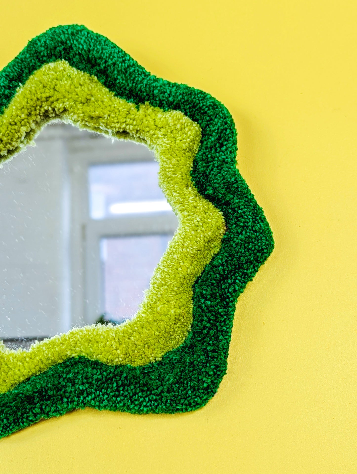 Handmade Wavy Green Tufted Wall Mirror – Unique Wavy Organic Shape Accent Mirror for Bedrooms, Living Rooms & Creative Spaces
