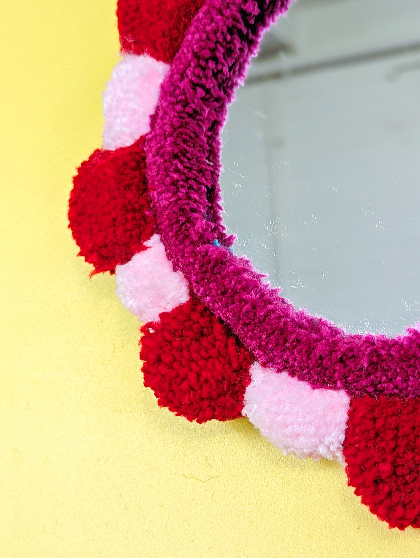 Handmade Red Pink Tufted Petal Mirror – Flower-Shaped Wall Mirror, Colourful Textured Home Decor