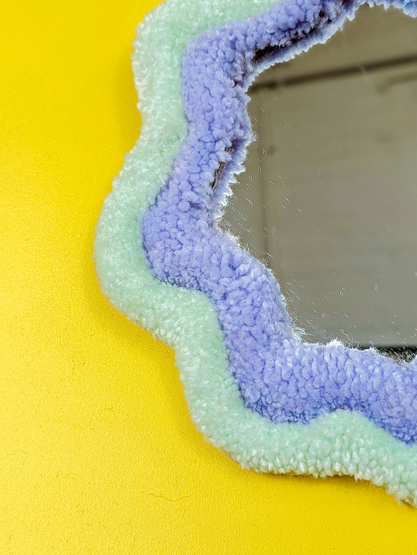 Handmade Wavy Green And Purple Tufted Wall Mirror – Unique Wavy Organic Shape Accent Mirror for Bedrooms, Living Rooms & Creative Spaces