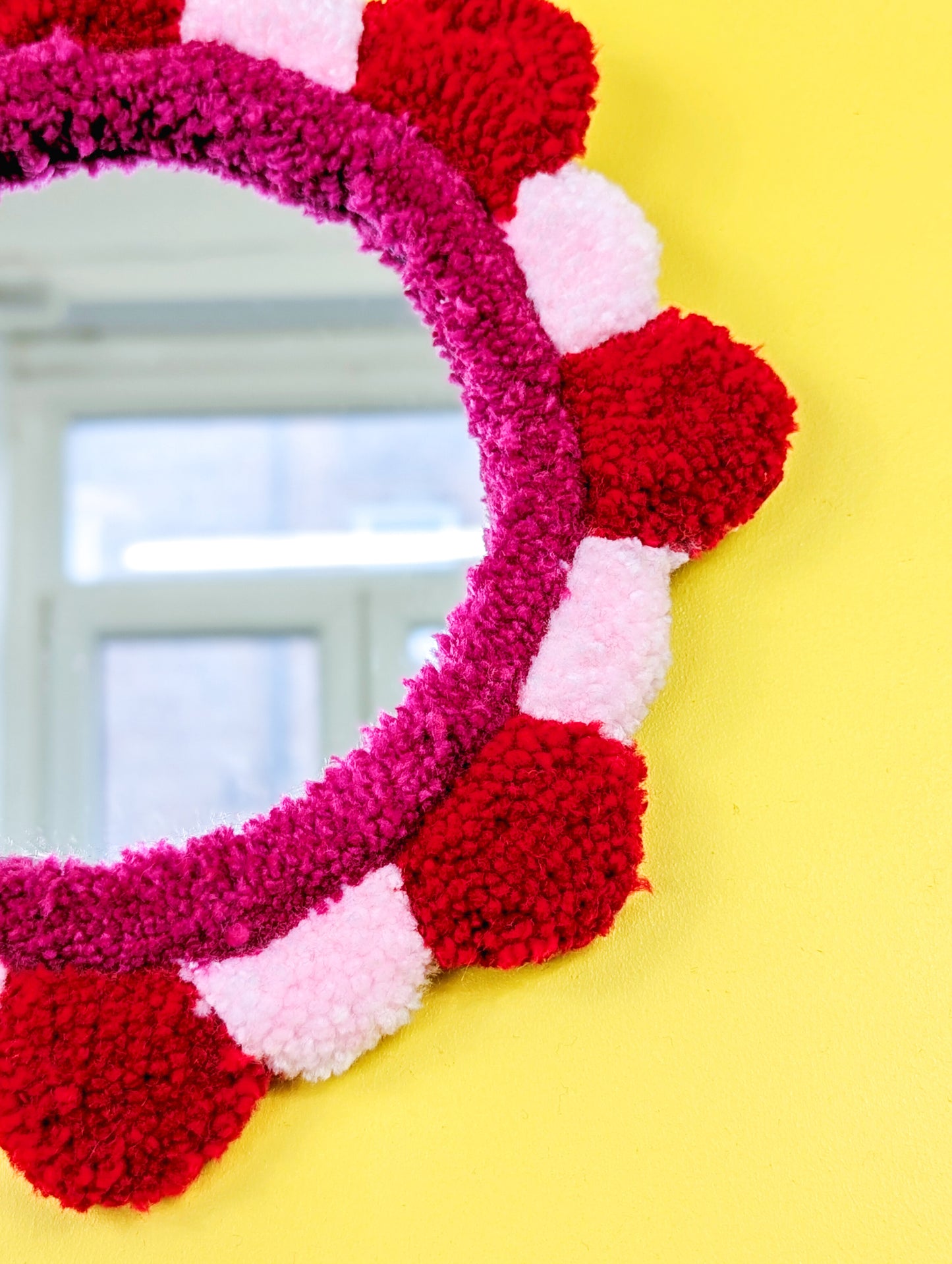 Handmade Red Pink Tufted Petal Mirror – Flower-Shaped Wall Mirror, Colourful Textured Home Decor