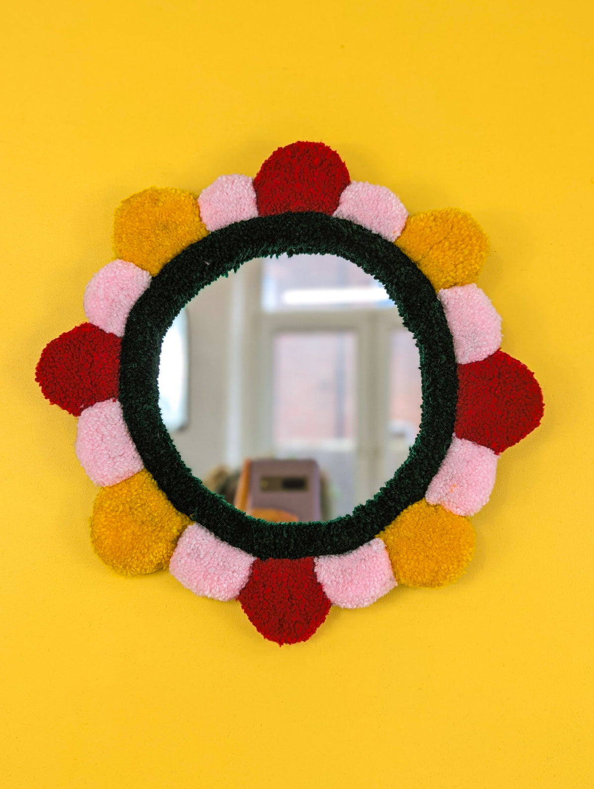 Handmade Red Yellow Pink Tufted Petal Mirror – Flower-Shaped Wall Mirror, Colourful Textured Home Decor