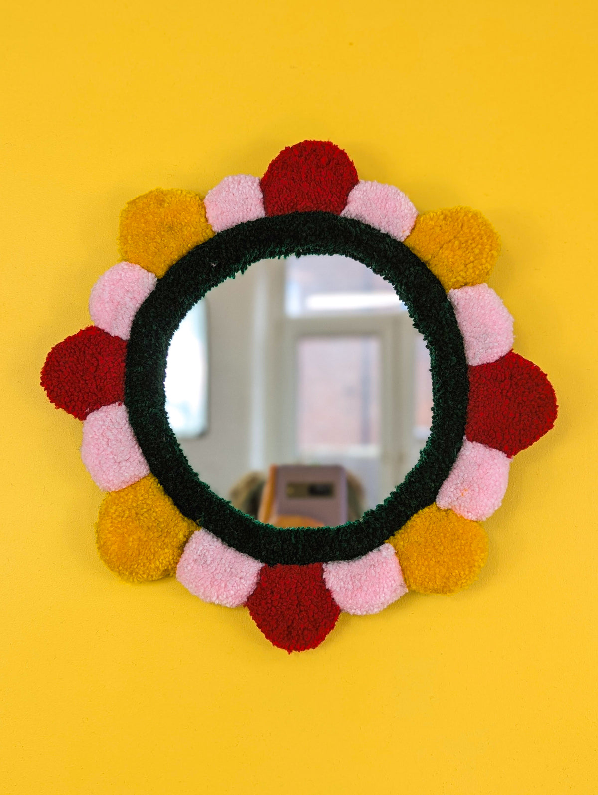 Handmade Red Yellow Pink Tufted Petal Mirror – Flower-Shaped Wall Mirror, Colourful Textured Home Decor