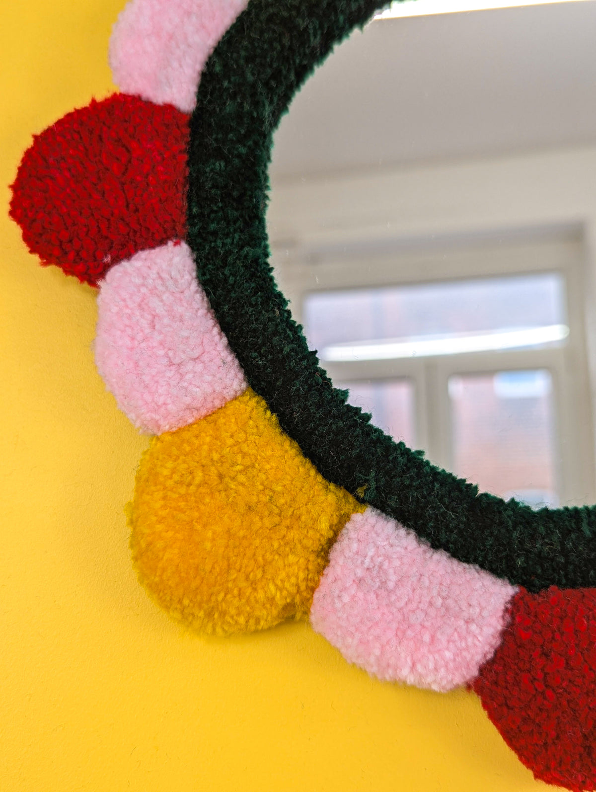 Handmade Red Yellow Pink Tufted Petal Mirror – Flower-Shaped Wall Mirror, Colourful Textured Home Decor