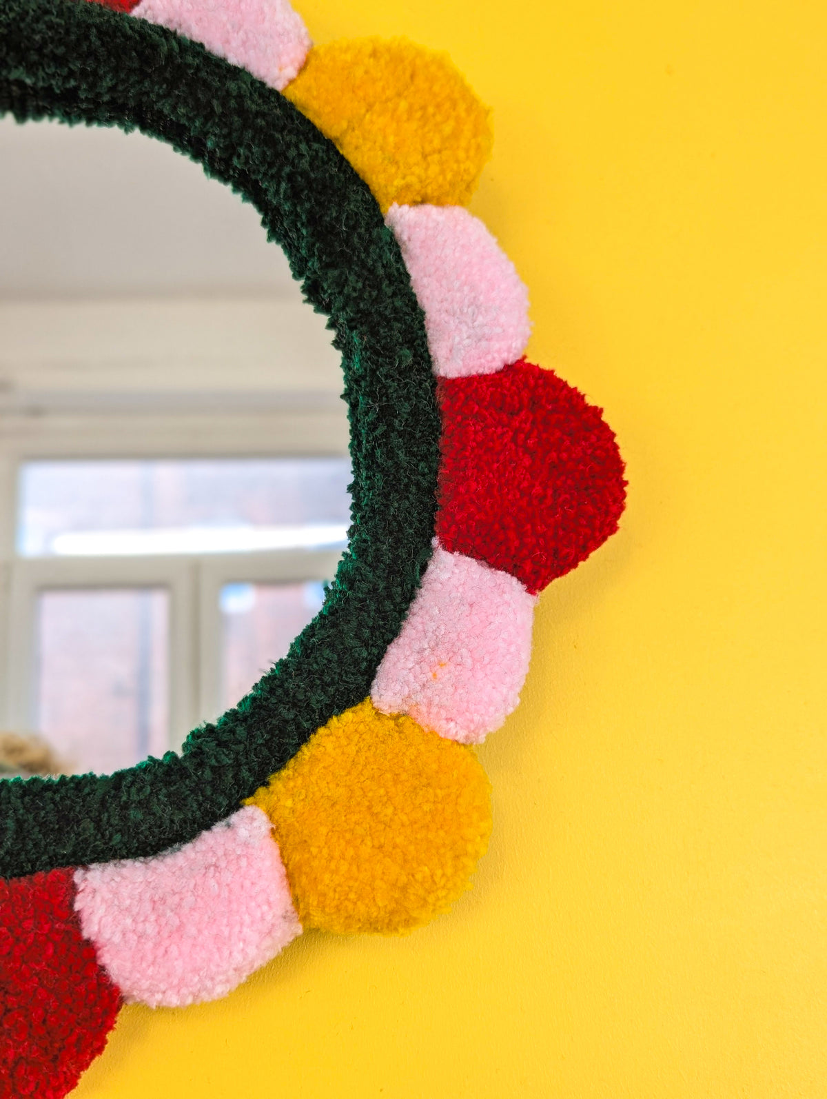Handmade Red Yellow Pink Tufted Petal Mirror – Flower-Shaped Wall Mirror, Colourful Textured Home Decor