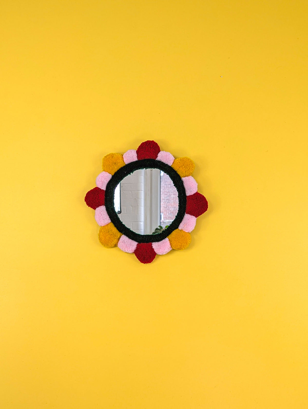 Handmade Red Yellow Pink Tufted Petal Mirror – Flower-Shaped Wall Mirror, Colourful Textured Home Decor