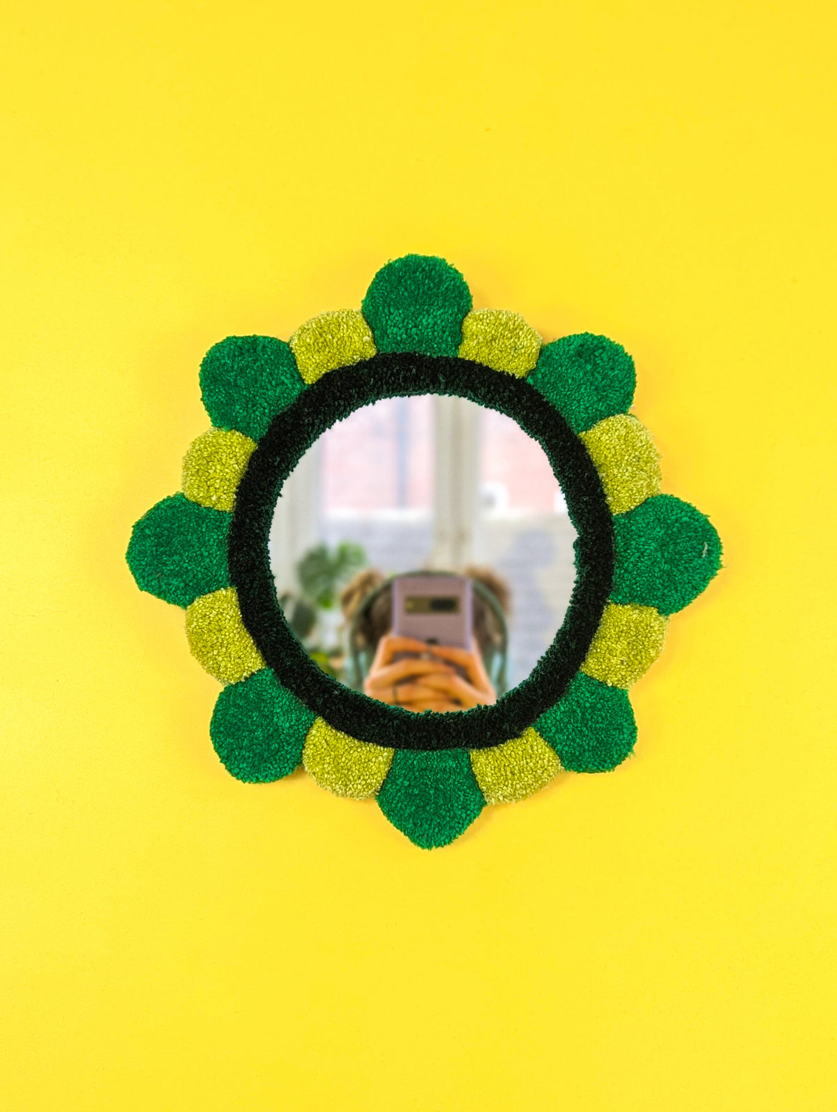 Handmade Green Tufted Petal Mirror – Flower-Shaped Wall Mirror, Colourful Textured Home Decor